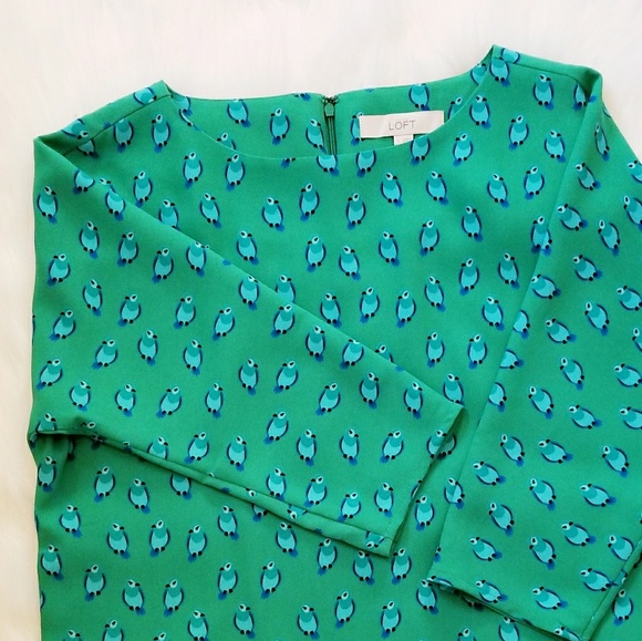 LOFT Dresses & Skirts - LOFT Green Shift Dress Birds 3/4 Sleeves